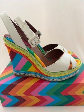 Valentino White Leather Multicolor Stripe Espadrille Wedges